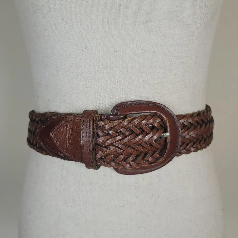 The Ritz Accessory Collection Belt Large Brown Leather Braided Woven Wide Boho
